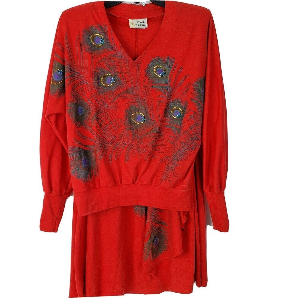 VTG‎ Yael Barkay Red Peacock Skirt Sweater Set M Rhinestone Shoulder Pads Womens
